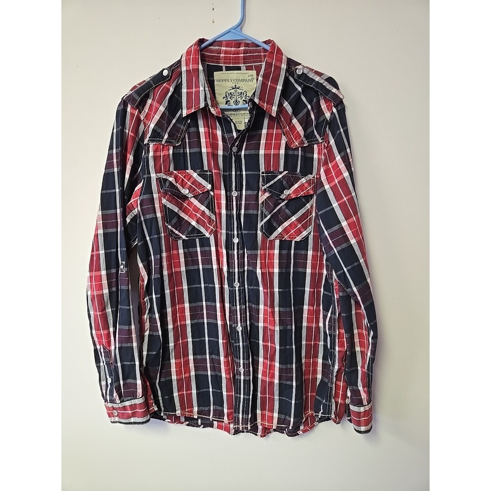 Supply Country‎ Blue Red Plaid Long Sleeve Western Shirt Mens Large Pearl Snaps